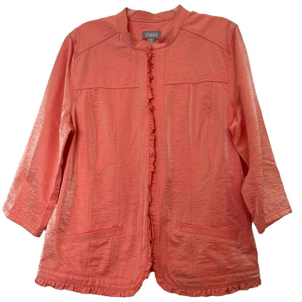 Chico’s Ruffle Trimmed Jacket Shimmer Peach Orange Collarless Long Sleeve 3 XL